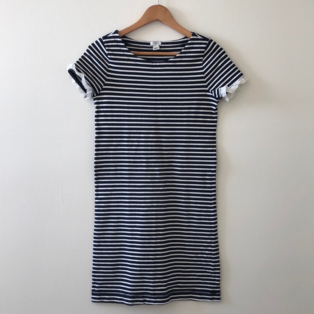J Crew short sleeve striped shift dress with ruffles